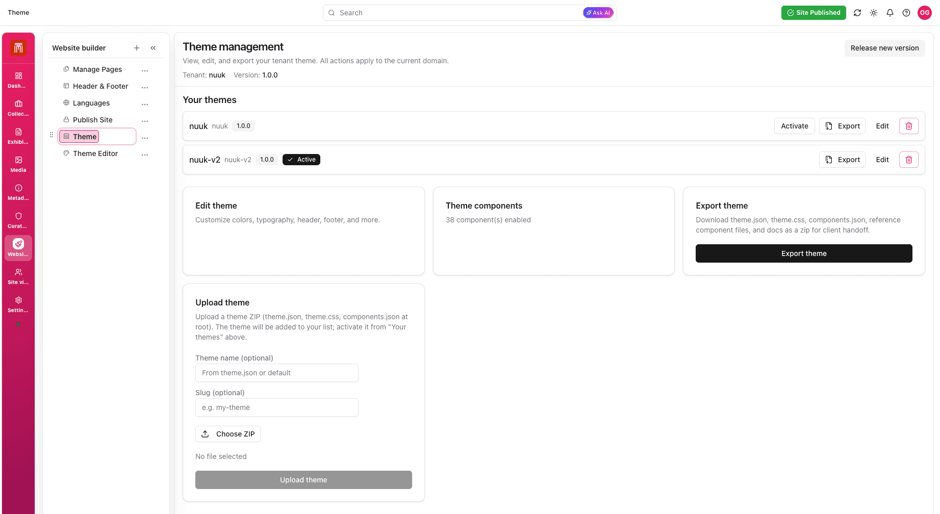 MuCoDi Theme Management — upload, activate, edit, export themes